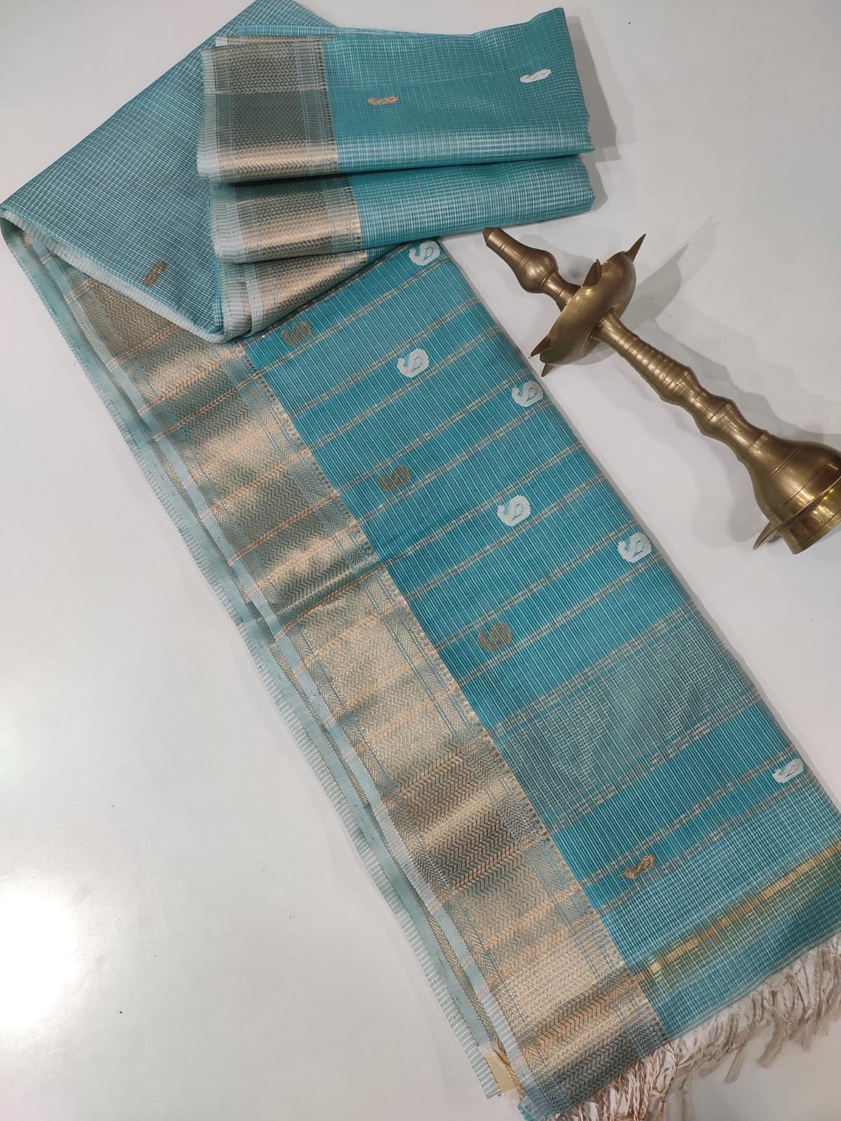 Maheshwari Silk Wave Saree Teal Blue